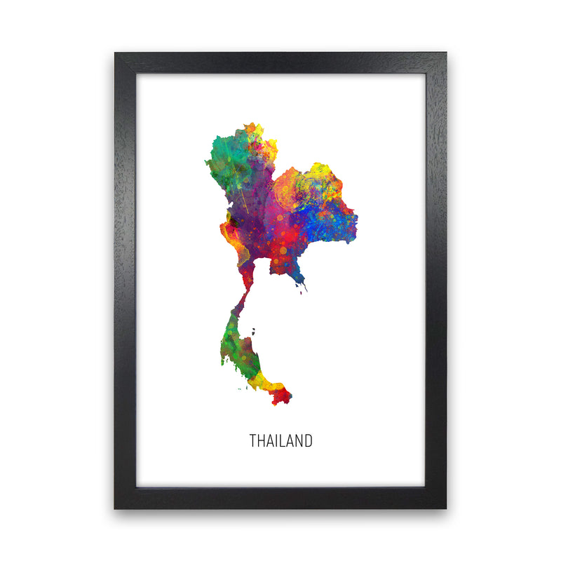 Thailand Watercolour Map Art Print by Michael Tompsett Black Grain