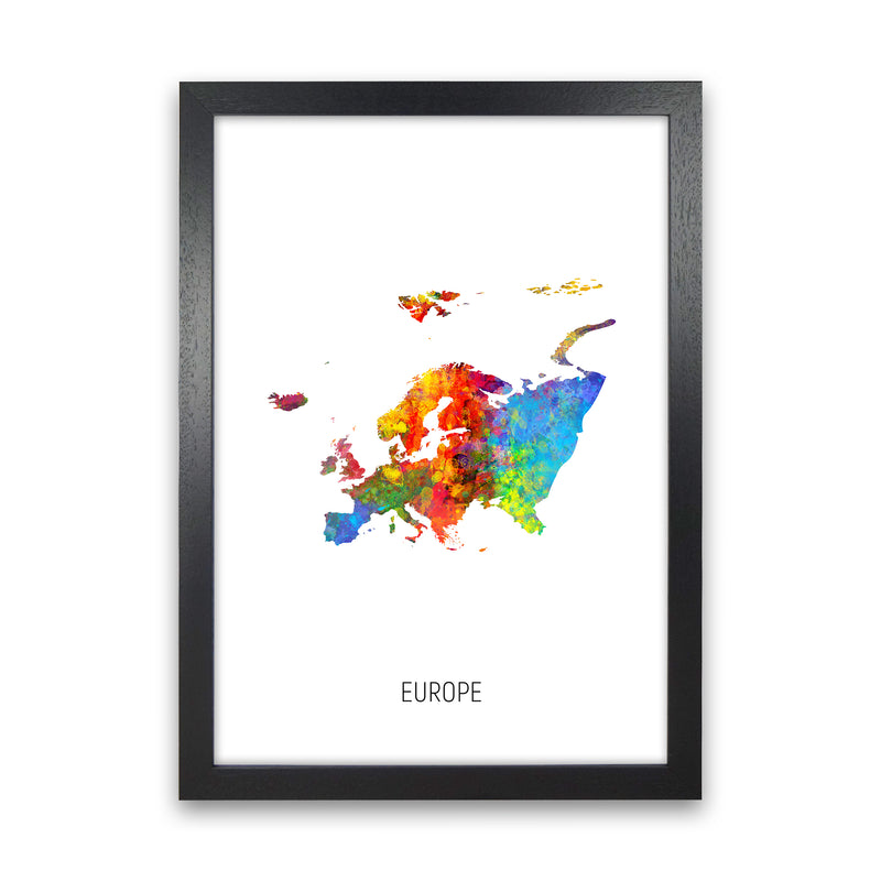 Europe Watercolour Map Art Print by Michael Tompsett Black Grain