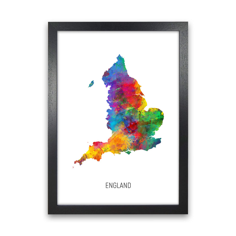 England Watercolour Map Art Print by Michael Tompsett Black Grain