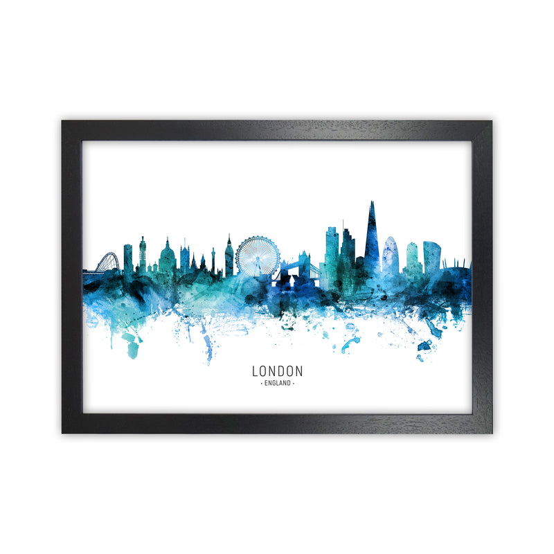London England Skyline Blue City Name  by Michael Tompsett Black Grain