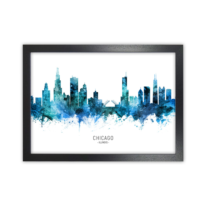 Chicago Illinois Skyline Blue City Name  by Michael Tompsett Black Grain