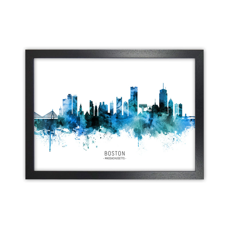 Boston Massachusetts Skyline Blue City Name  by Michael Tompsett Black Grain