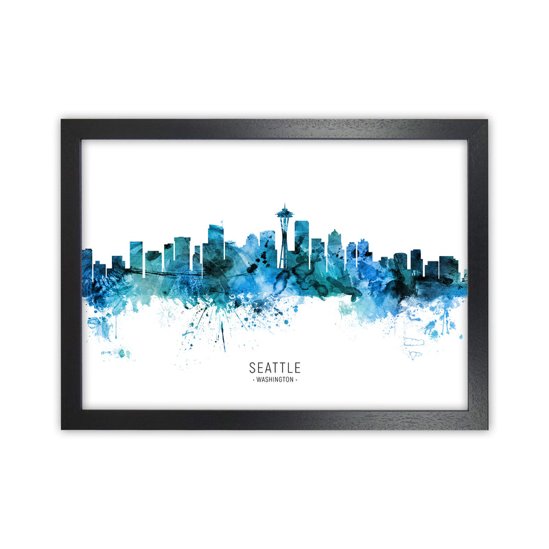 Seattle Washington Skyline Blue City Name  by Michael Tompsett Black Grain