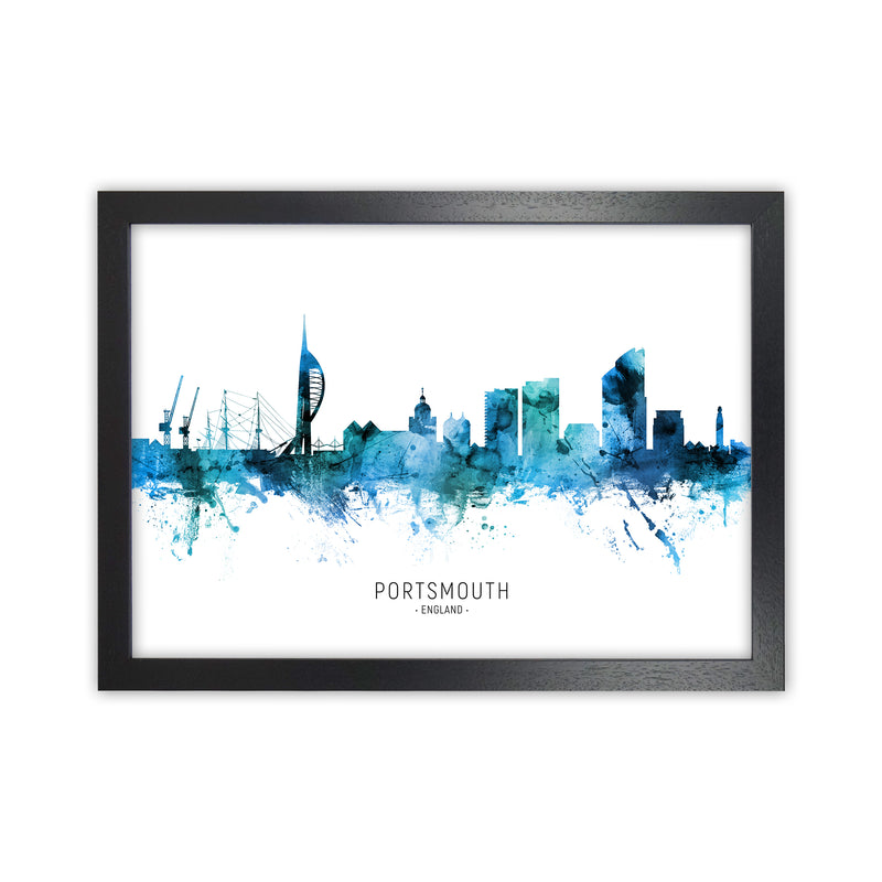 Portsmouth England Skyline Blue City Name  by Michael Tompsett Black Grain