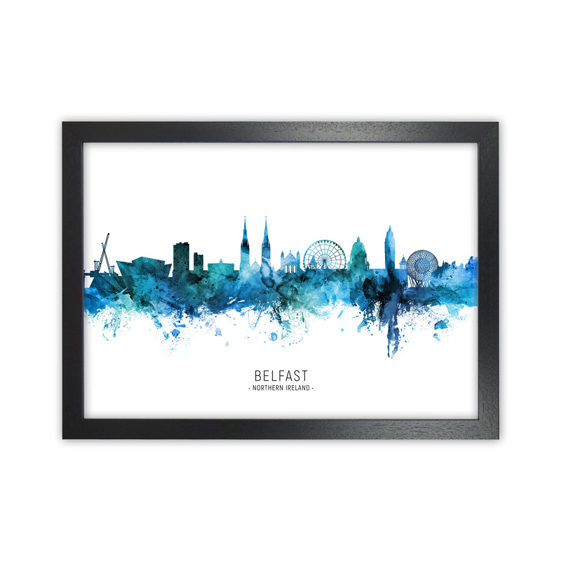 Belfast Northern Ireland Skyline Blue City Name  by Michael Tompsett Black Grain