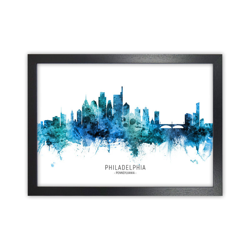 Philadelphia Pennsylvania Skyline Blue City Name  by Michael Tompsett Black Grain