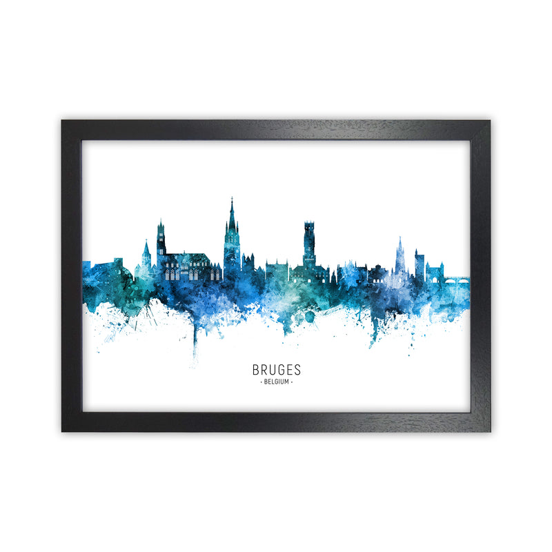 Bruges Belgium Skyline Blue City Name  by Michael Tompsett Black Grain
