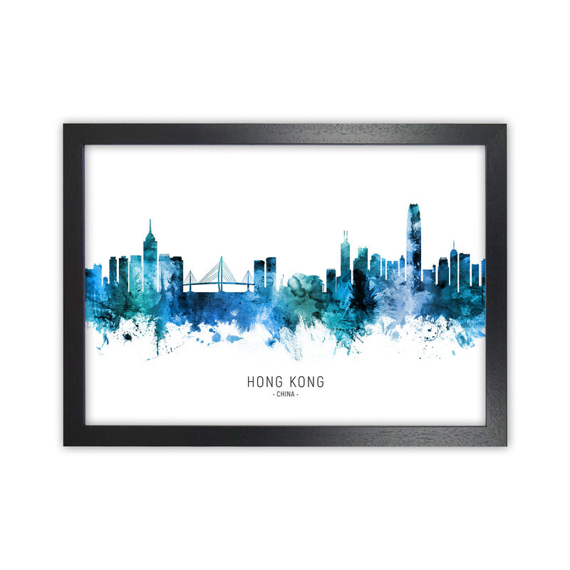 Hong Kong China Skyline Blue City Name  by Michael Tompsett Black Grain