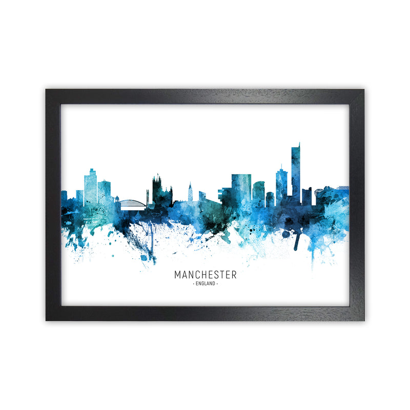 Manchester England Skyline Blue City Name  by Michael Tompsett Black Grain