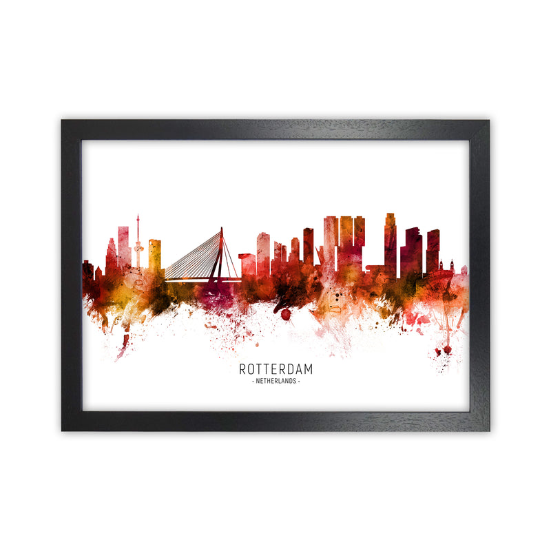 Rotterdam Netherlands Skyline Red City Name  by Michael Tompsett Black Grain