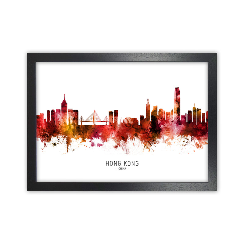 Hong Kong China Skyline Red City Name  by Michael Tompsett Black Grain