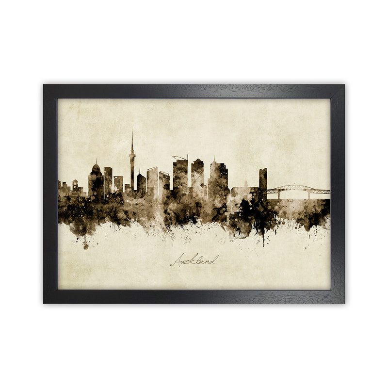 Auckland New Zealand Skyline Vintage Art Print by Michael Tompsett Black Grain