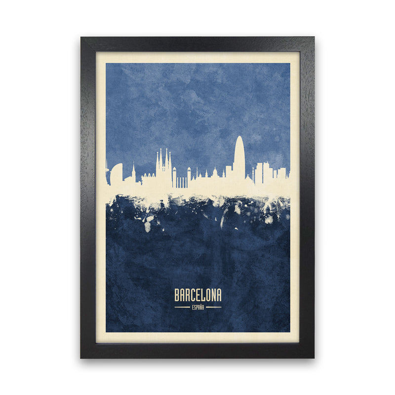 Barcelona Spain Skyline Portrait Navy Art Print by Michael Tompsett Black Grain