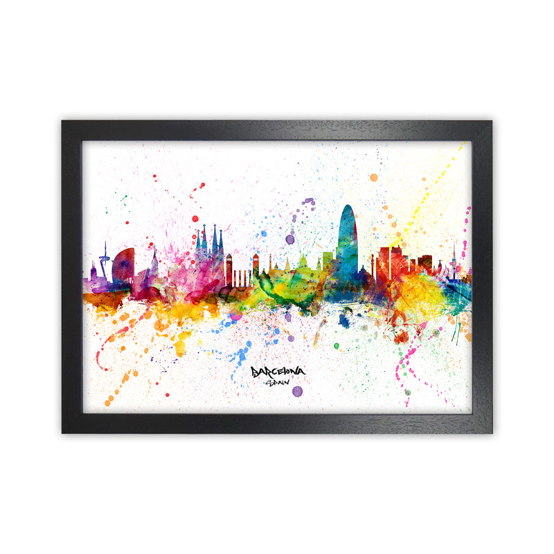 Barcelona Spain Skyline Splash Art Print by Michael Tompsett Black Grain