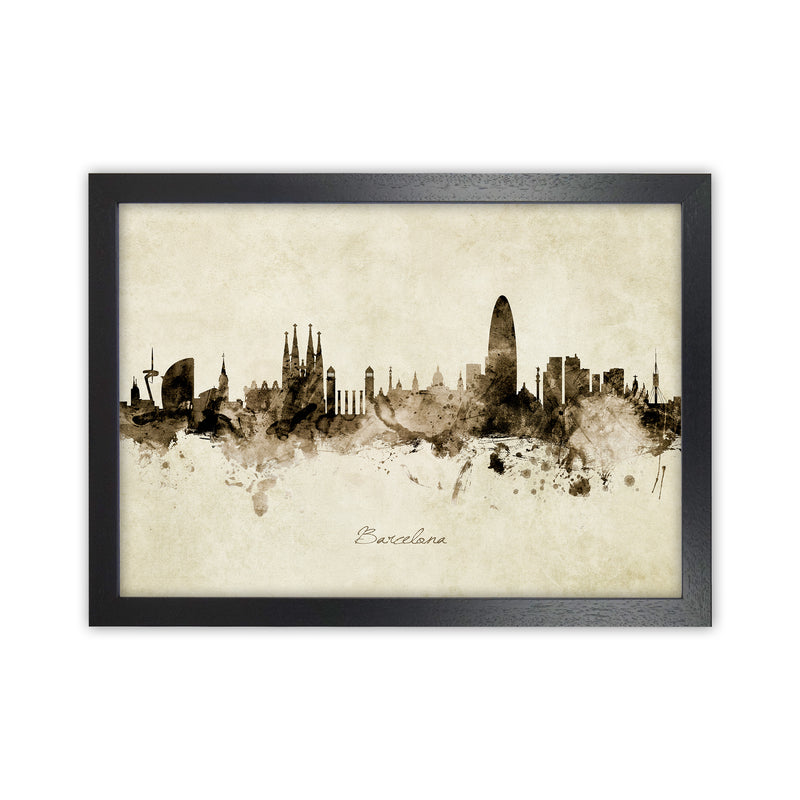 Barcelona Spain Skyline Vintage Art Print by Michael Tompsett Black Grain