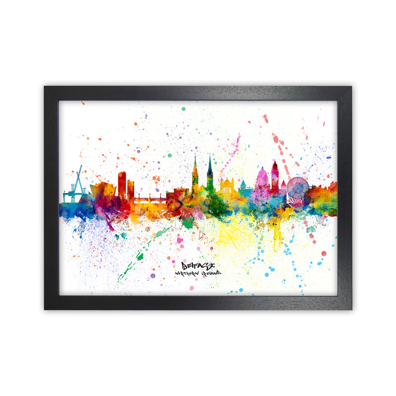 Belfast Northern Ireland Skyline Splash Art Print by Michael Tompsett Black Grain