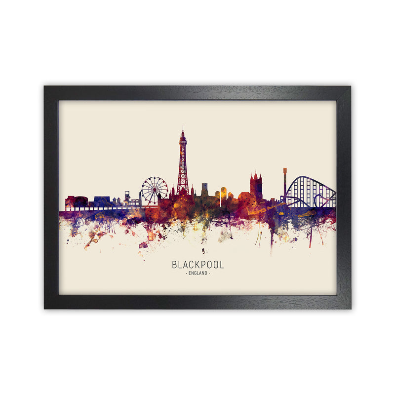 Blackpool England Skyline Autumn City Name Art Print by Michael Tompsett Black Grain