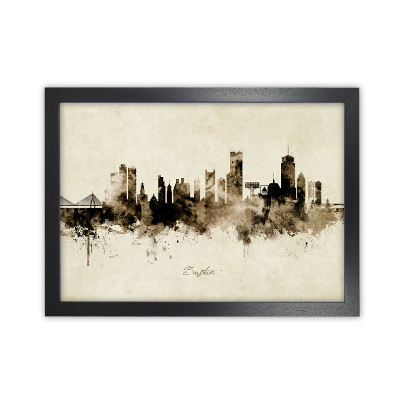 Boston Massachusetts Skyline Vintage Art Print by Michael Tompsett Black Grain