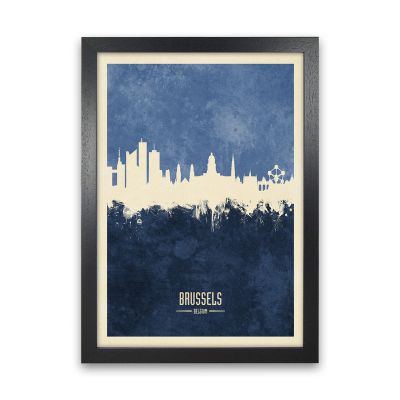 Brussels Belgium Skyline Portrait Navy Art Print by Michael Tompsett Black Grain