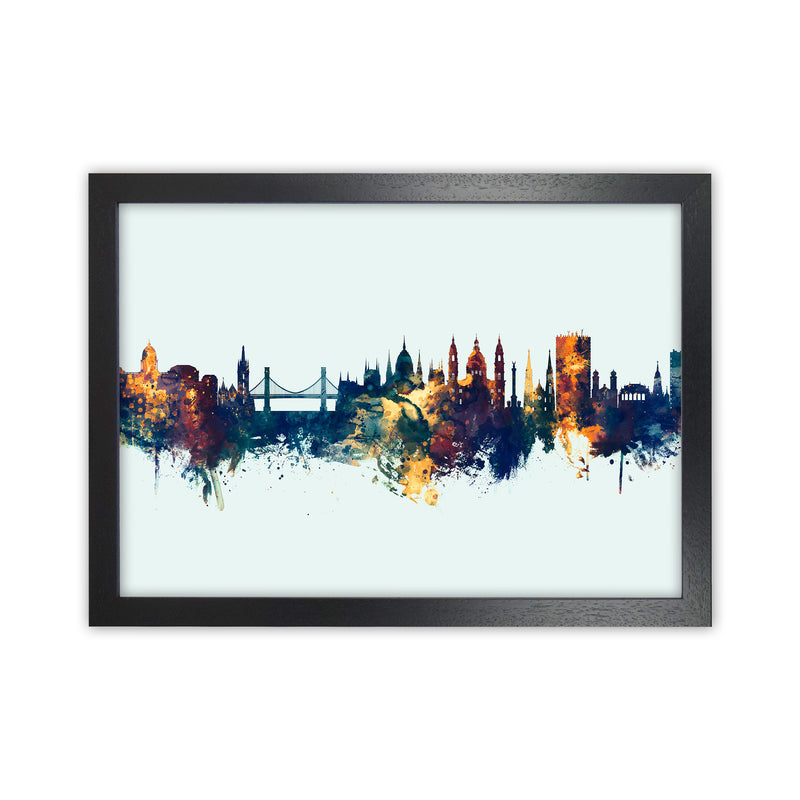 Budapest Hungary Skyline Blue Orange Art Print by Michael Tompsett Black Grain