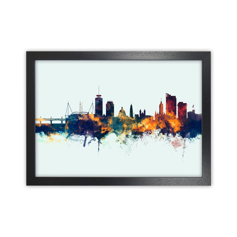 Cardiff Wales Skyline Blue Orange Art Print by Michael Tompsett Black Grain