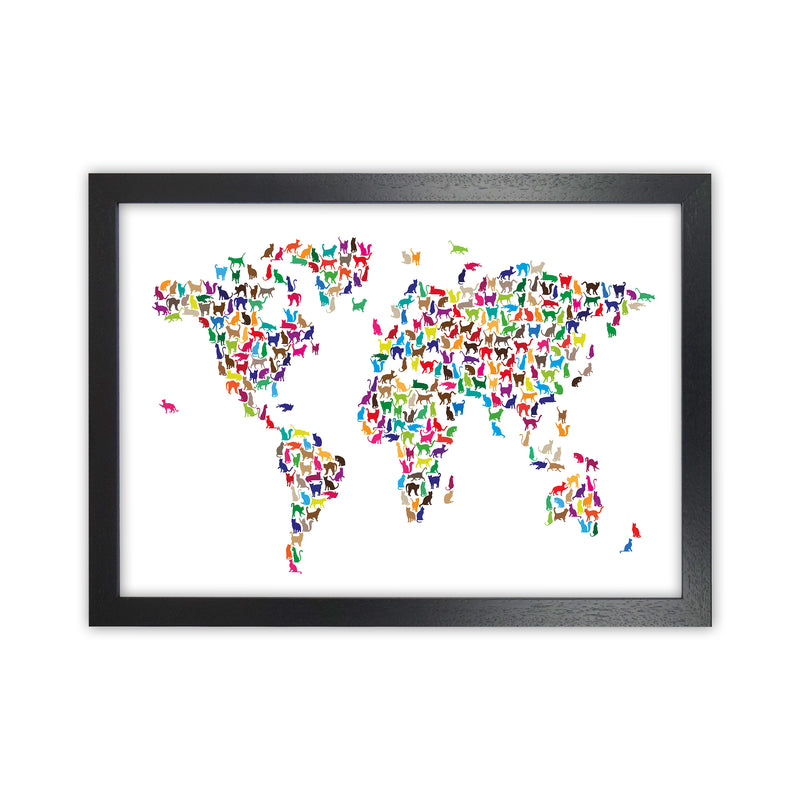 Cats Map of the World Colour Art Print by Michael Tompsett Black Grain