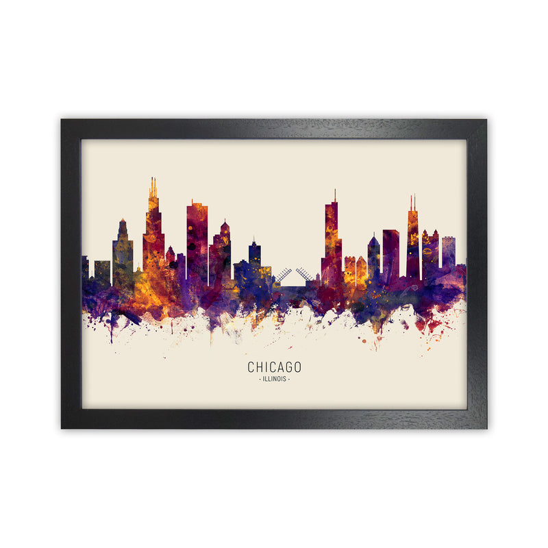 Chicago Illinois Skyline Autumn City Name Art Print by Michael Tompsett Black Grain