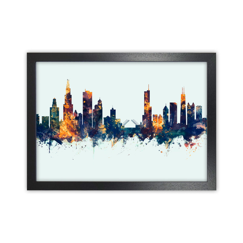 Chicago Illinois Skyline Blue Orange Art Print by Michael Tompsett Black Grain