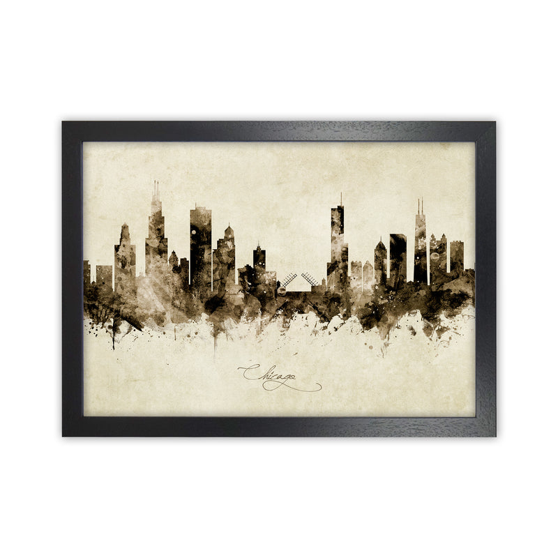 Chicago Illinois Skyline Vintage Art Print by Michael Tompsett Black Grain