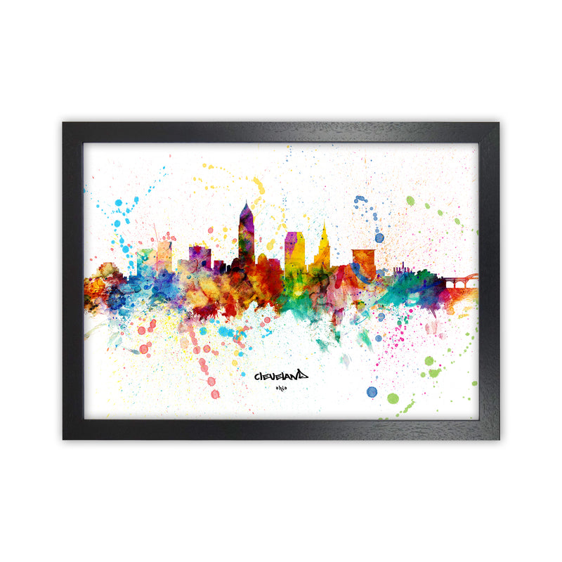 Cleveland Ohio Skyline Splash Art Print by Michael Tompsett Black Grain