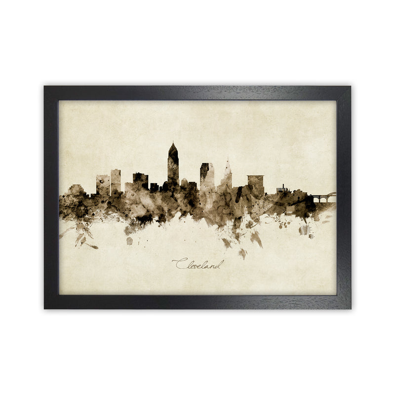 Cleveland Ohio Skyline Vintage Art Print by Michael Tompsett Black Grain