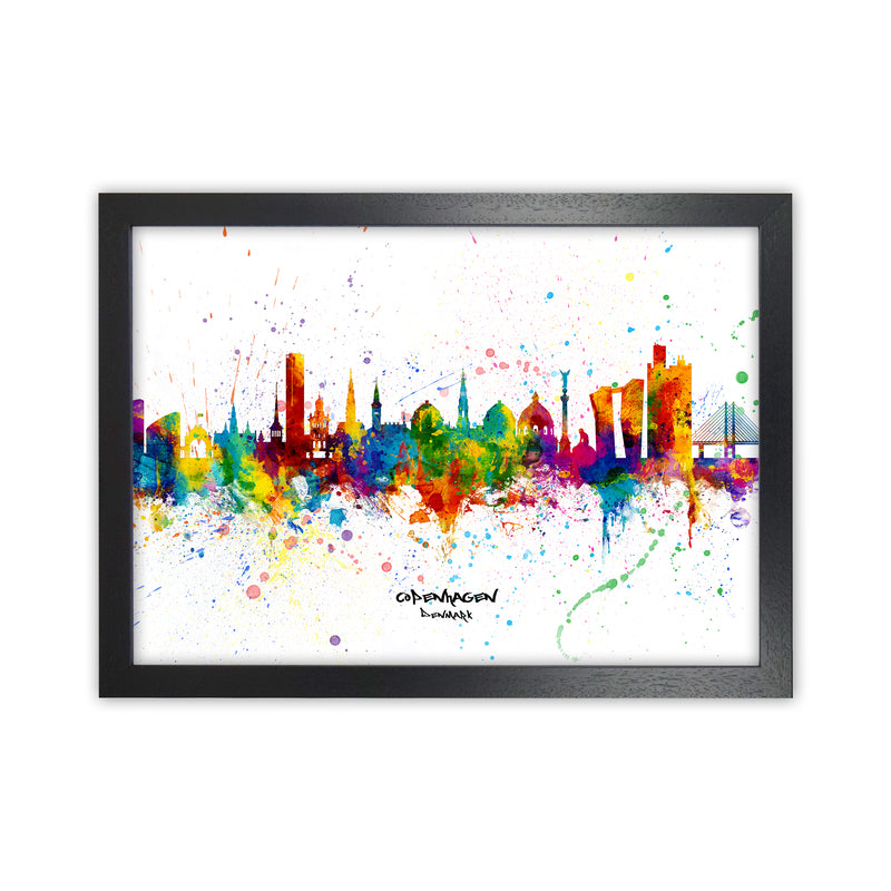 Copenhagen Denmark Skyline Splash Art Print by Michael Tompsett Black Grain