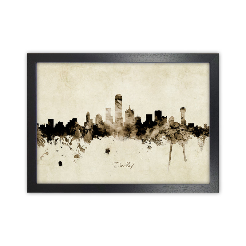 Dallas Texas Skyline Vintage Art Print by Michael Tompsett Black Grain