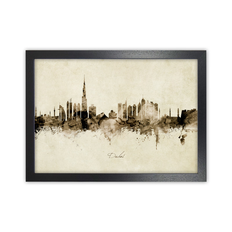 Dubai United Arab Emirates Skyline Vintage Art Print by Michael Tompsett Black Grain