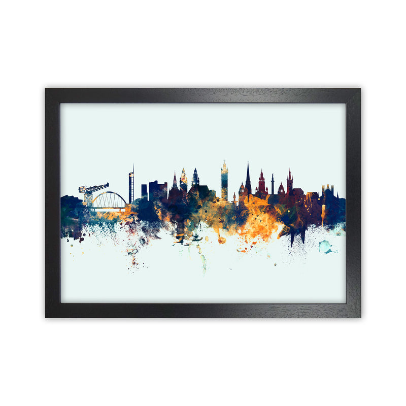 Glasgow Scotland Skyline Blue Orange Art Print by Michael Tompsett Black Grain