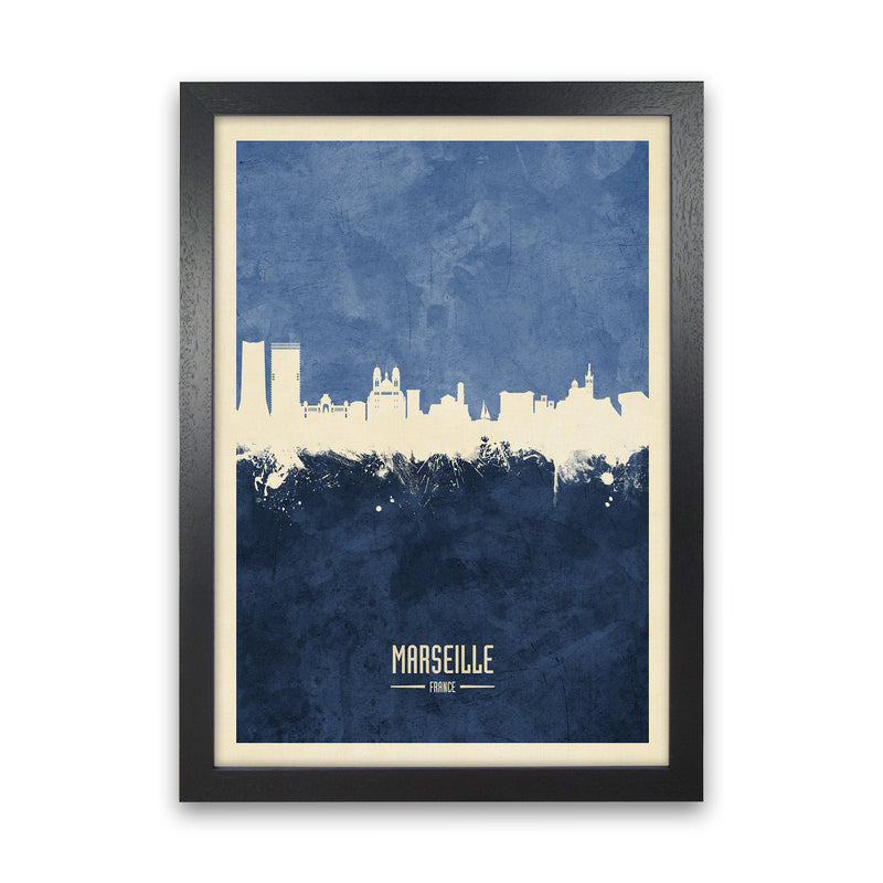 Marseille France Skyline Portrait Navy Art Print by Michael Tompsett Black Grain