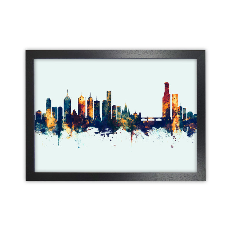 Melbourne Australia Skyline Blue Orange Art Print by Michael Tompsett Black Grain