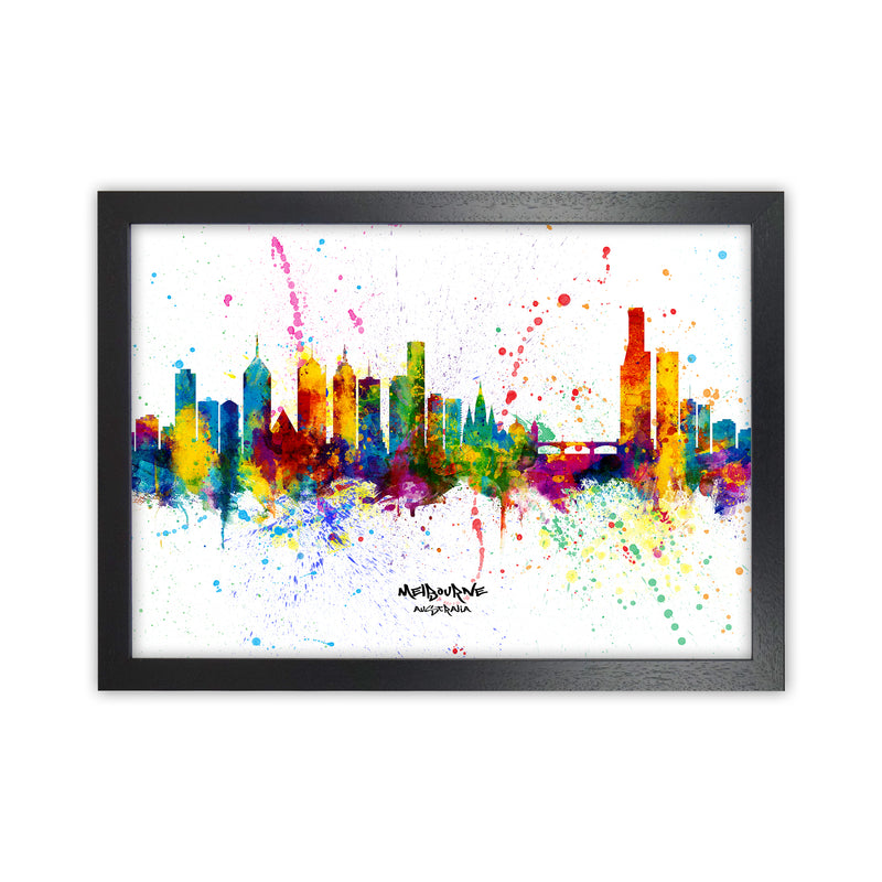 Melbourne Australia Skyline Splash Art Print by Michael Tompsett Black Grain