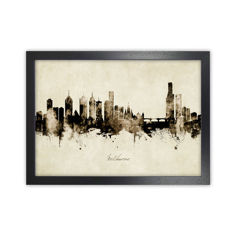 Melbourne Australia Skyline Vintage Art Print by Michael Tompsett Black Grain