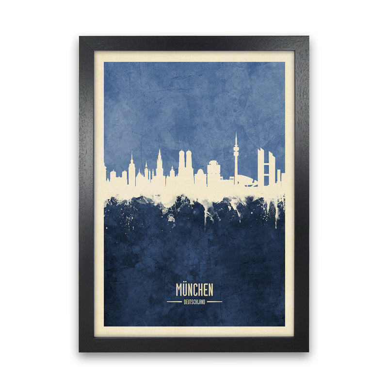 Munich Germany Skyline Portrait Navy Art Print by Michael Tompsett Black Grain