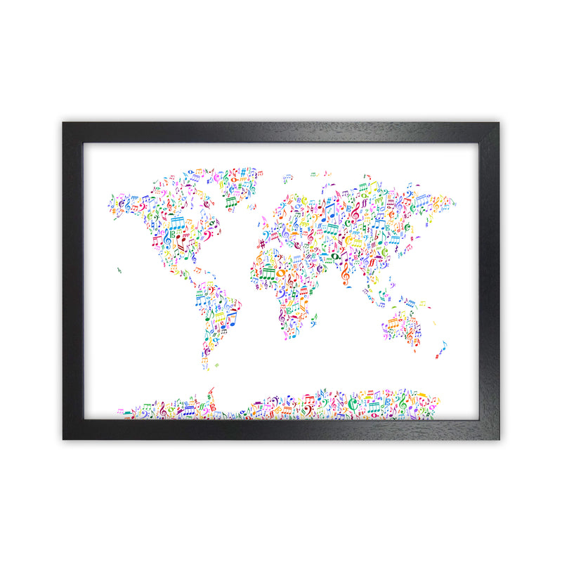 Music Notes Map of the World Colour Art Print by Michael Tompsett Black Grain