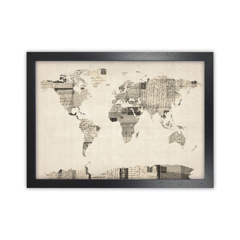 Old Postcards World Map Art Print by Michael Tompsett Black Grain