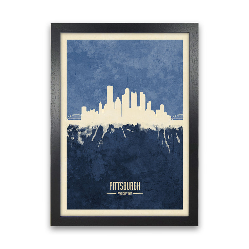 Pittsburgh Pennsylvania Skyline Portrait Navy Art Print by Michael Tompsett Black Grain