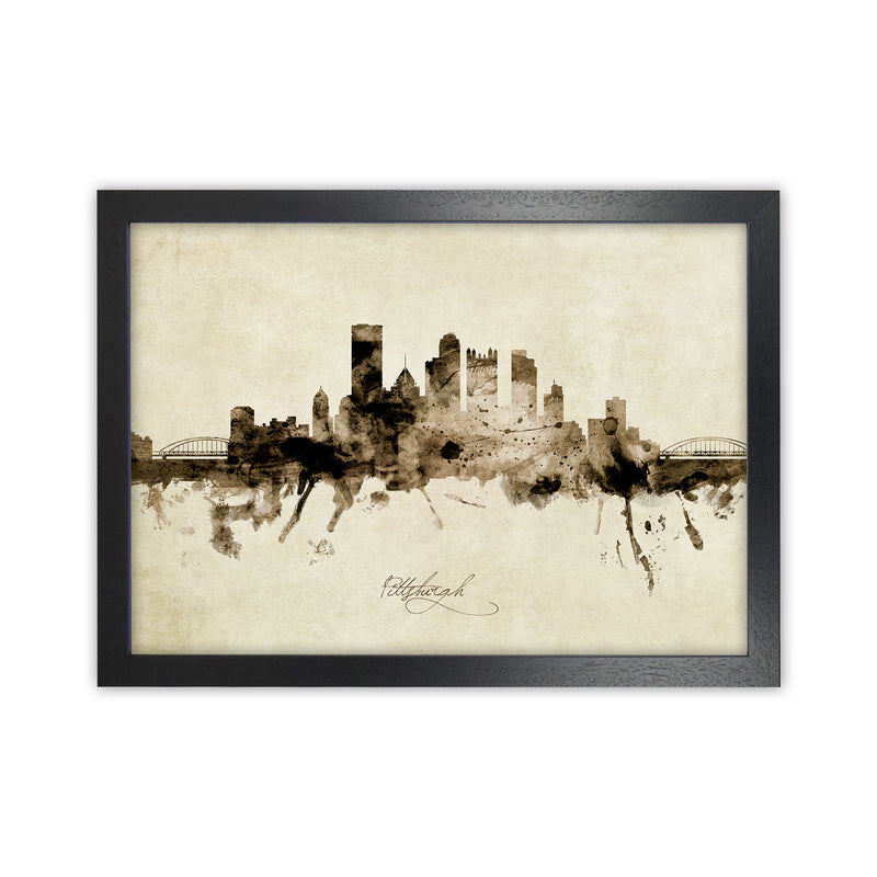 Pittsburgh Pennsylvania Skyline Vintage Art Print by Michael Tompsett Black Grain