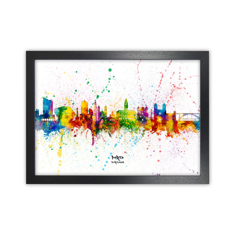 Porto Portugal Skyline Splash Art Print by Michael Tompsett Black Grain