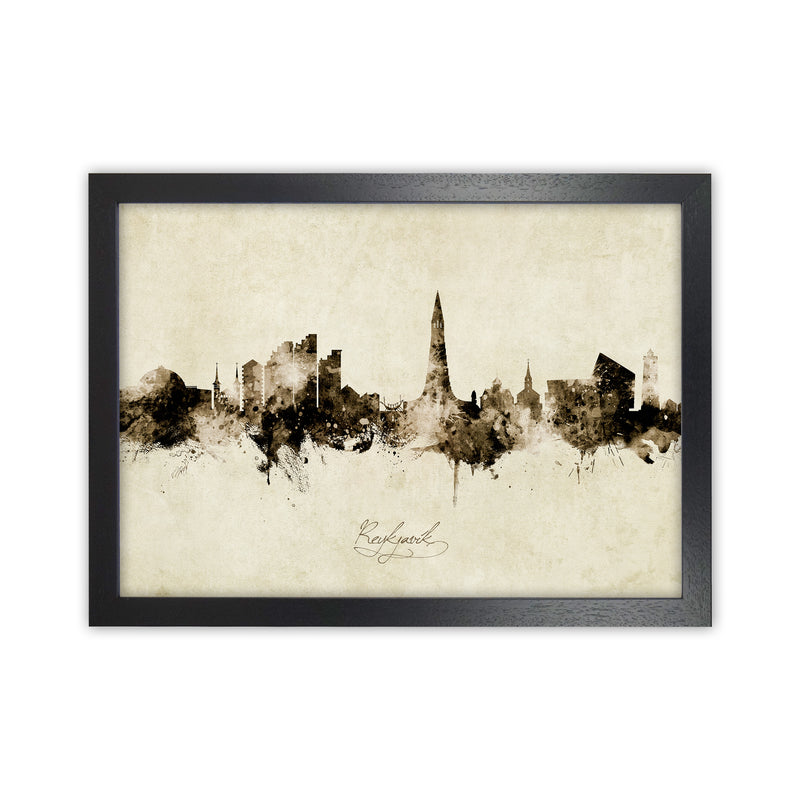 Reykjavik Iceland Skyline Vintage Art Print by Michael Tompsett Black Grain