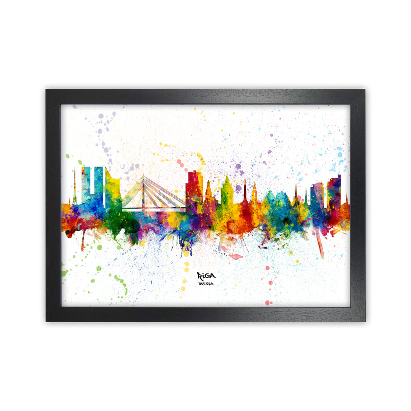 Riga Latvia Skyline Splash Art Print by Michael Tompsett Black Grain