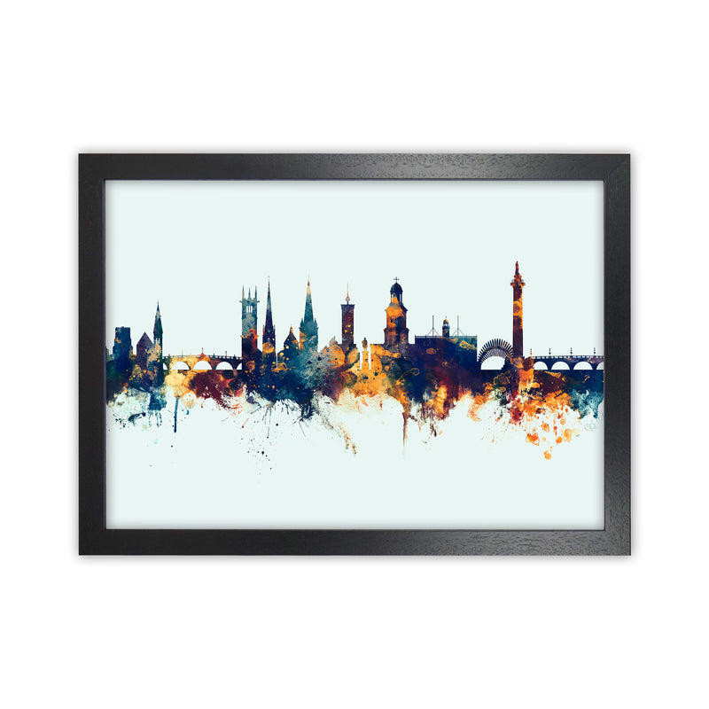 Shrewsbury England Skyline Blue Orange Art Print by Michael Tompsett Black Grain