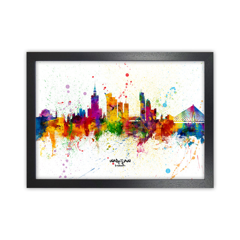 Warsaw Poland Skyline Splash Art Print by Michael Tompsett Black Grain