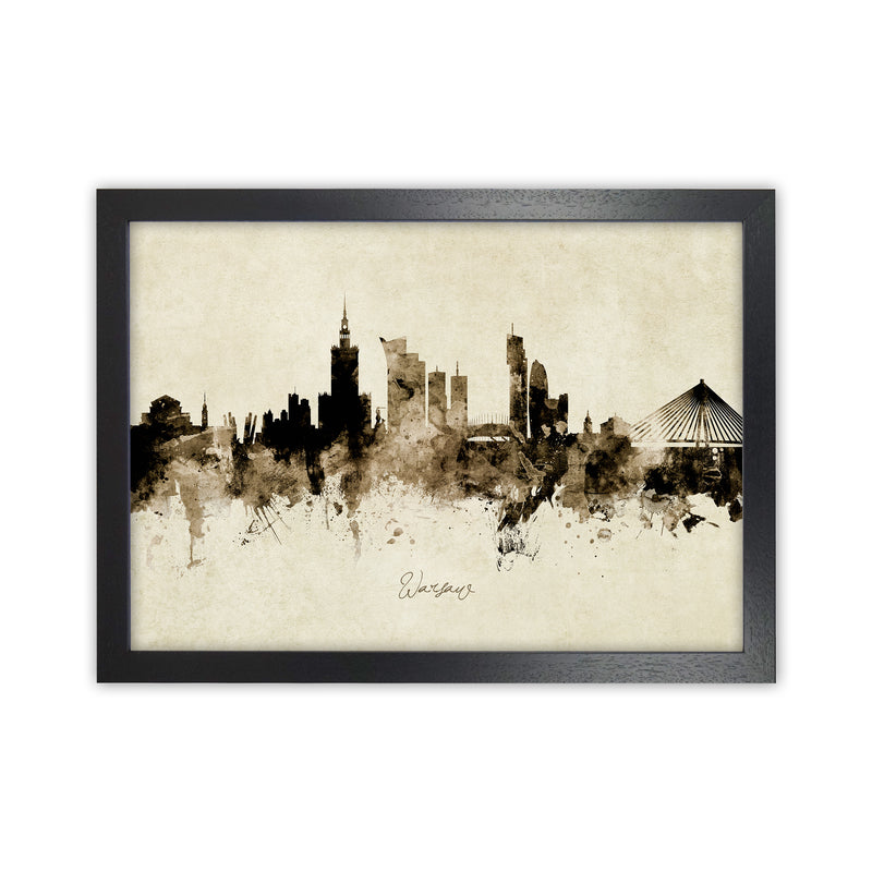 Warsaw Poland Skyline Vintage Art Print by Michael Tompsett Black Grain